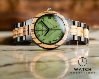 Montre à quartz fabriquée à la main en bois avec cadran en forme de feuille - Montre-bracelet en bois naturel écologique pour homme - Pièce d'horlogerie unique