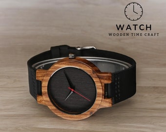 Montre en bois fabriquée à la main - garde-temps à quartz minimaliste, respectueux de l'environnement, bracelet en cuir, cadeau unique pour lui/elle