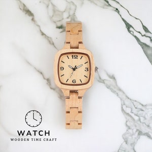 Luxury square-dial maple wood ladies watch with full wooden bangle. Elegant and creative timepiece, perfect as a gift for a girlfriend or wife.