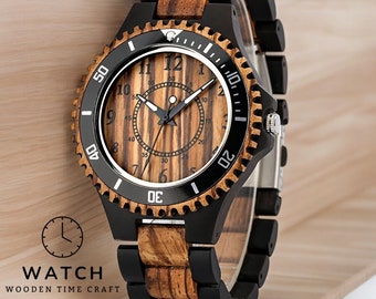 Elegante reloj para hombre de ébano y madera de zebrano, movimiento de cuarzo, pulsera de madera negra con cierre plegable, visualización de números arábigos