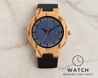 Montre pour homme en bois de zèbre écologique - Montre-bracelet à quartz fabriquée à la main avec cadran bleu avec bracelet en cuir véritable - Cadeau unique pour lui