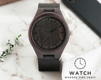 Montre fabriquée à la main en bois d'ébène - Bracelet en cuir noir minimaliste, mouvement à quartz durable, montre pour homme à la mode, cadeau unique