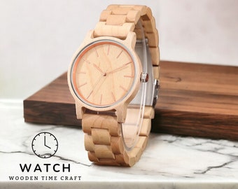 Handcrafted Wooden Wristwatch - Sustainable Maple & Ebony Wood, Elegant Men's Quartz Timepiece, Folding Clasp, Unique Gift