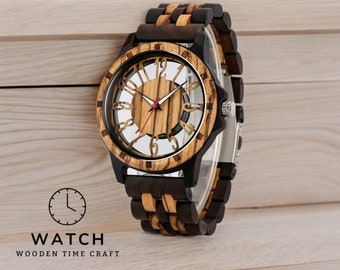 Montre en bois pour homme fabriquée à la main - Élégant cadran transparent avec chiffres arabes, bracelet en bois naturel, mouvement à quartz