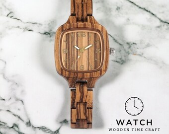 Handgemaakt Zebrawood dameshorloge - elegante vierkante wijzerplaat, natuurlijk houten uurwerk, stijlvol analoog quartz uurwerk, veilige verborgen sluiting