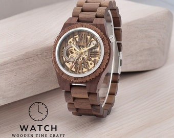 Handcrafted Walnut Wood Men's Watch – Self-Winding Mechanical Wristwatch with Folding Clasp