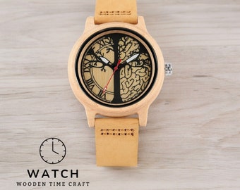 Handcrafted Maple Wood Watch, Life Tree Design – Elegant Women's Wristwatch, Genuine Leather Strap, Unique Timepiece