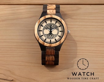 Handcrafted Full Wooden Men's Watch - Life Tree Pattern Ebony & Zebrawood with Quartz Movement and Stainless Folding Clasp