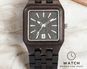 Handcrafted Ebony Wooden Watch - Men's Square Quartz Timepiece, Sustainable Wood Band, Modern Auto-Date Display