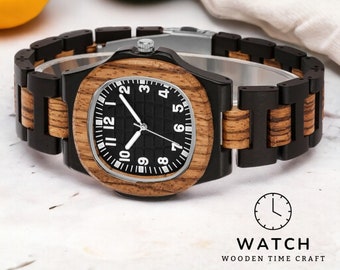 Montre en bois unique fabriquée à la main avec cadran quadrillé - Mouvement à quartz respectueux de l'environnement, chiffres arabes, boucle déployante - Cadeau unisexe élégant