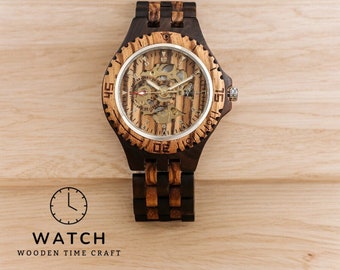 Handcrafted Gold Skeleton Dial Wooden Watch, Automatic Self-Winding Men's Timepiece, Elegant Wood Bracelet Wristwatch, Unique Gift