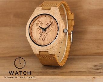 Montre en bambou fabriquée à la main avec bracelet en cuir véritable - Cadran élan et tigre gravés artisanalement - Montre-bracelet en bois unisexe - Cadeau respectueux de l'environnement