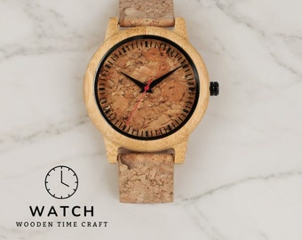 Montre en bois de liège pour homme - Montre-bracelet à quartz écologique en bambou avec bracelet en cuir véritable et trotteuse rouge