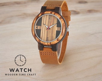 Montre à quartz en bois fabriquée à la main | Chiffres arabes uniques | Montre-bracelet en cuir pour homme