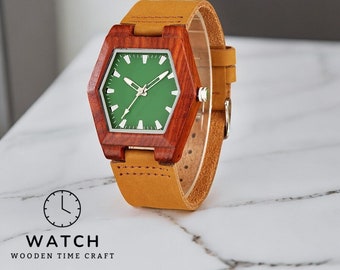 Hexagonal Wooden Watch, Elegant Quartz Timepiece with Genuine Leather Strap, Eco-Friendly Stylish Women's Accessory