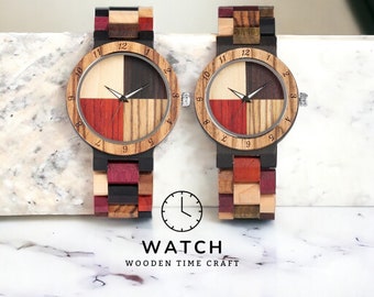 Montre artisanale en bois respectueuse de l'environnement - Montre unisexe fabriquée à la main avec bracelet en bois coloré, élégant et naturel - Cadeau parfait pour les couples