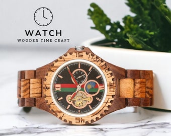 Montre pour homme en bois fabriquée à la main - Montre mécanique automatique de luxe, élégant bracelet en bois, montre-bracelet écologique pour homme à remontage automatique