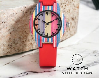 Vibrant Striped Bamboo Watch for Women - Eco-Friendly Quartz, Genuine Leather Band, Artisan Crafted, Unique Gift