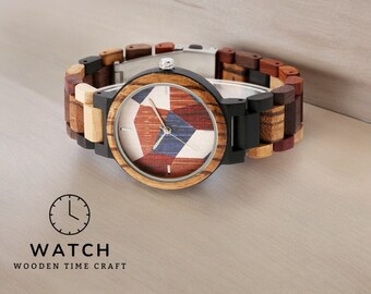 Montre artisanale en bois mélangés pour homme - Montre à quartz unique avec cadran à géométrie irrégulière, bracelet en bois fabriqué à la main avec boucle déployante sécurisée