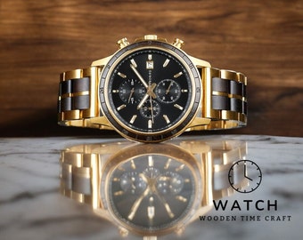 Montre chronographe de luxe pour homme - Bois et acier inoxydable, mouvement à quartz, montre-bracelet décontractée, style militaire, garde-temps élégant