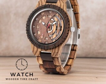 Rustic Wooden Men's Watch - Full Wood Wristband with Hollow Dial & Gear Design, Folding Clasp, Handcrafted Timepiece