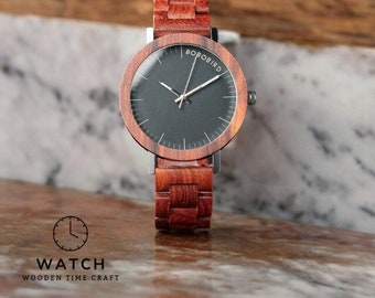 Handcrafted Red Sandalwood Watch for Men - Elegant Japanese Quartz Timepiece with Wooden Gift Box