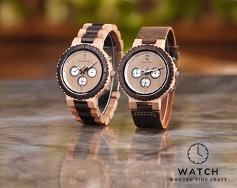Handcrafted Two-Tone Wooden Chronograph Watch, Personalized Men's Timepiece with Leather Band and Date Function - Eco-Friendly Gift