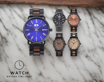 Reloj de cuarzo artesanal de madera: reloj de pulsera cronógrafo de lujo, reloj de estilo militar, accesorio ecológico de moda para hombres