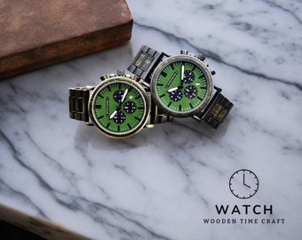 Luxury Green Dial Men's Watch - Eco-Friendly Wood & Stainless Steel, Military Style, Calendar, Luminous Hands