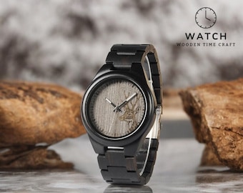 Deer-Engraved Ebony Wood Watch for Men - Casual Quartz Wristwatch with Wooden Links - Nature-Inspired Timepiece in Gift Box