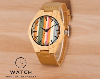 Montre artisanale en bois à rayures multicolores - Montre à quartz fabriquée à la main avec bracelet en cuir véritable