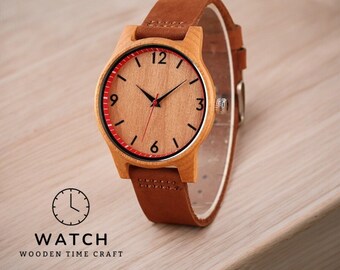 Minimalist Cherry Wood Women's Watch - Bamboo Dial, Genuine Leather Strap, Quartz Movement - Elegant Handcrafted Timepiece