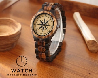 Compass Engraved Wooden Watch - Quartz Movement, Sustainable Wood Band, Men's Luxury Timepiece