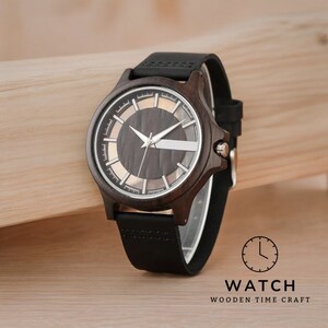 Creative men quartz watch with a transparent hollow dial and a wood case in coffee, brown, or black. Features a genuine leather watchband.