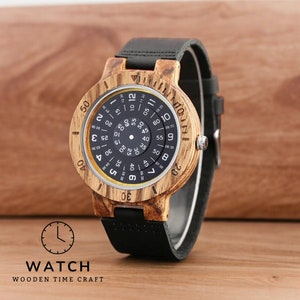 Stylish men quartz wristwatch featuring a unique wooden case and black genuine leather strap, combining modern design with natural elegance.