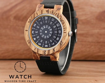 Unique Men's Wooden Watch, Quartz Movement, Elegant Black Leather Band, Fashionable Handcrafted Timepiece