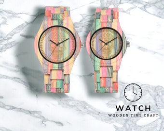 Montre à quartz en bois colorée fabriquée à la main - Montre écologique en bambou, bracelet entièrement réglable en bois, cadeau unique pour couple, unisexe