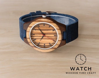 Montre artisanale en bois de zèbre pour homme - Élégant garde-temps à quartz avec trotteuse rouge, bracelet en cuir bleu véritable