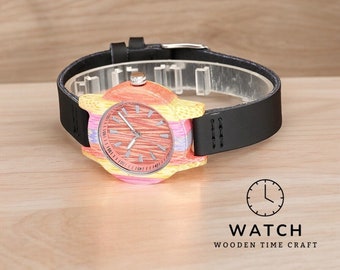 Artisanal Colorful Bamboo Women's Watch - Genuine Leather Strap, Minimalist Quartz Movement, Eco-Friendly Timepiece