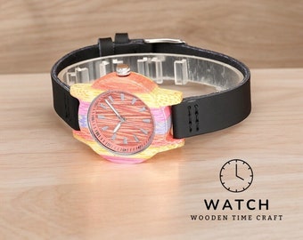 Montre artisanale pour femme en bambou coloré - Bracelet en cuir véritable, mouvement à quartz minimaliste, garde-temps respectueux de l'environnement