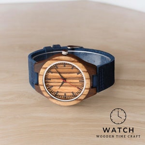 Classic zebra wood men watch featuring a quartz movement, a striking red seconds hand, and a blue genuine leather strap. Ideal for a sophisticated and unique style.