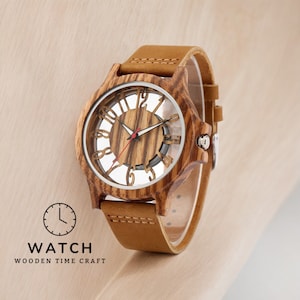 Men chic fashion quartz watch featuring a transparent hollow display with Arabic numerals on a wooden case, complemented by a genuine leather strap.