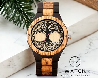 Montre arbre de vie en bois de zèbre fabriquée à la main - Montre à quartz en bois unique, design unisexe, cadeau respectueux de l'environnement pour les couples