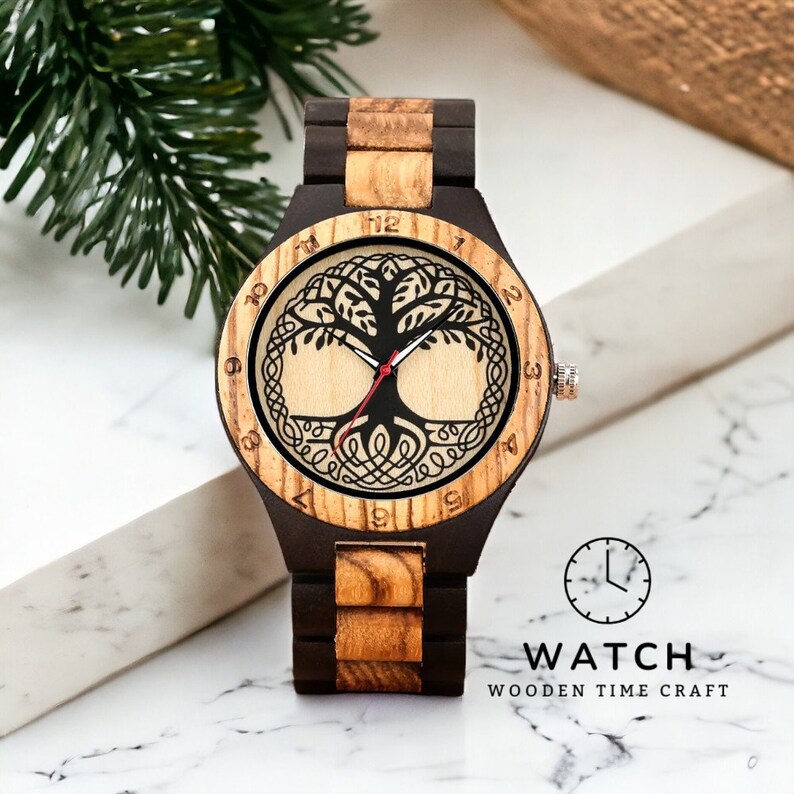 Classic Zebrawood quartz wristwatch for couples featuring a unique life tree pattern on the round dial. Bracelet-style wooden band suitable for both men and women.