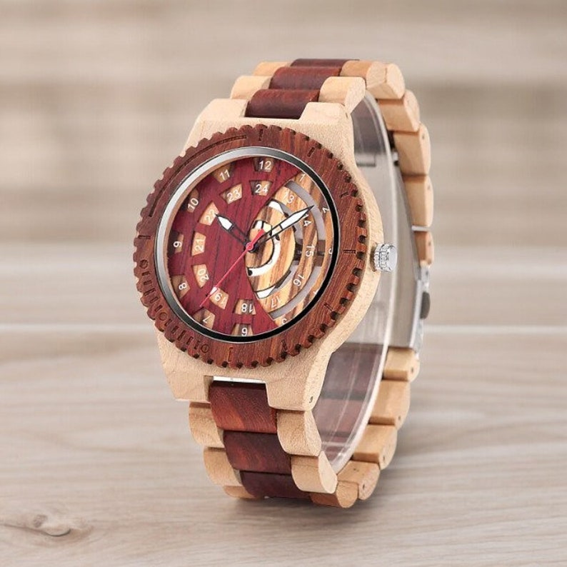 Men wooden watch with hollow gear dial and full wood wristband, featuring a casual design and secure folding clasp.