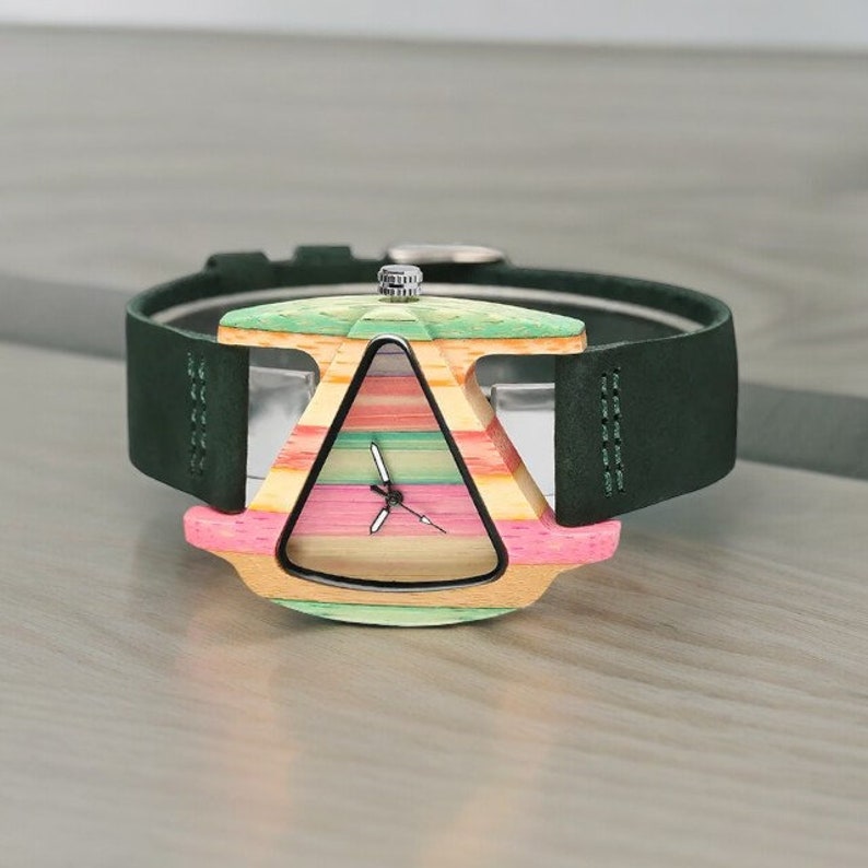 Creative triangular women wooden watch with a colorful dial, accented by green and red genuine leather bands, showcasing elegance and style. Perfect as a top gift choice.