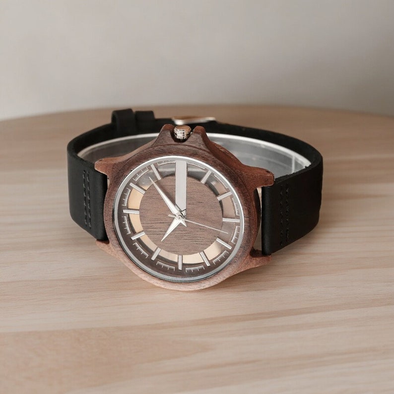 Creative men quartz watch with a transparent hollow dial and a wood case in coffee, brown, or black. Features a genuine leather watchband.