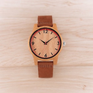 Stylish Cherry Wood Women Watch with Leather Band and Quartz Movement, Minimalist Red-Accented Dial, Perfect Gift for Her