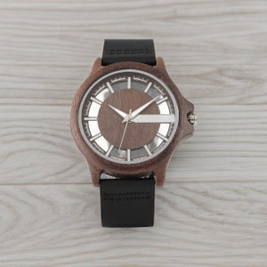 Creative men quartz watch with a transparent hollow dial and a wood case in coffee, brown, or black. Features a genuine leather watchband.