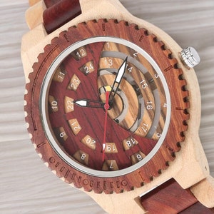 Men wooden watch with hollow gear dial and full wood wristband, featuring a casual design and secure folding clasp.